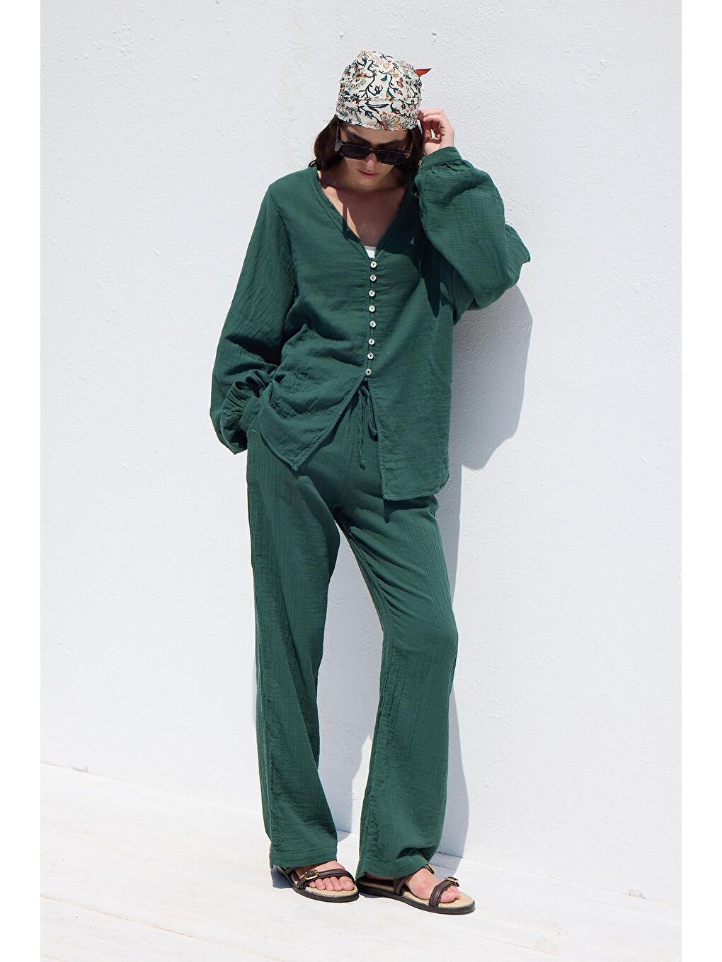 Yeşil Muslin Düğmeli Gömlek Zümrüt-4