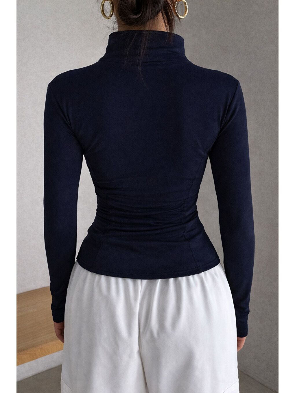 Lacivert Kadın Bej İki İplik Fermuarlı Dar Kesim Mevsimlik Hırka – Dik Yaka Fit Basic Ceket-3