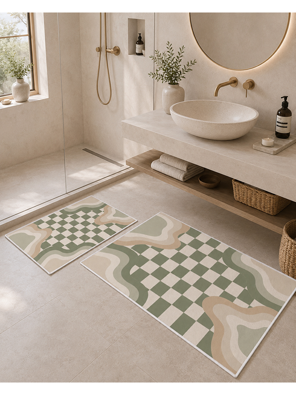 Bej Yeşil Dama ve Dalga Desenli Banyo Paspası Dot Taban Üstü Kadife