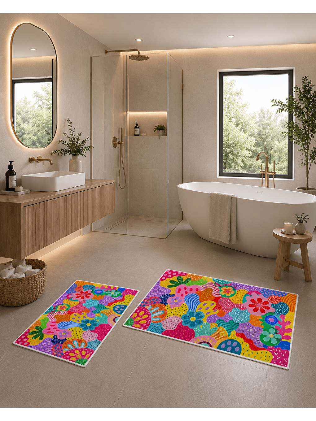 Karışık Renkli Çiçek Desenli Banyo Paspası Dot Taban Üstü Kadife-1