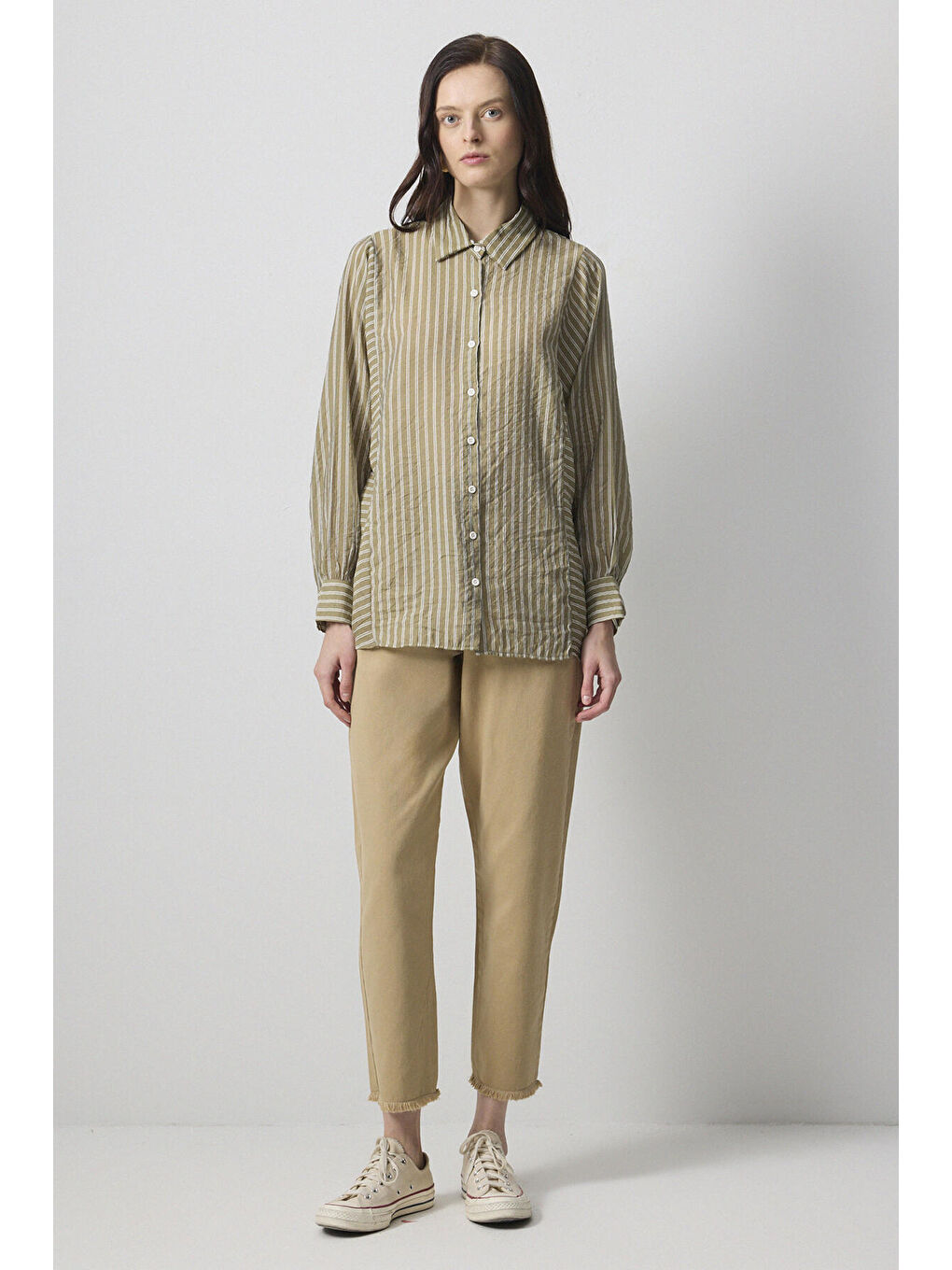 Yeşil Çizgili Viskon Gömlek