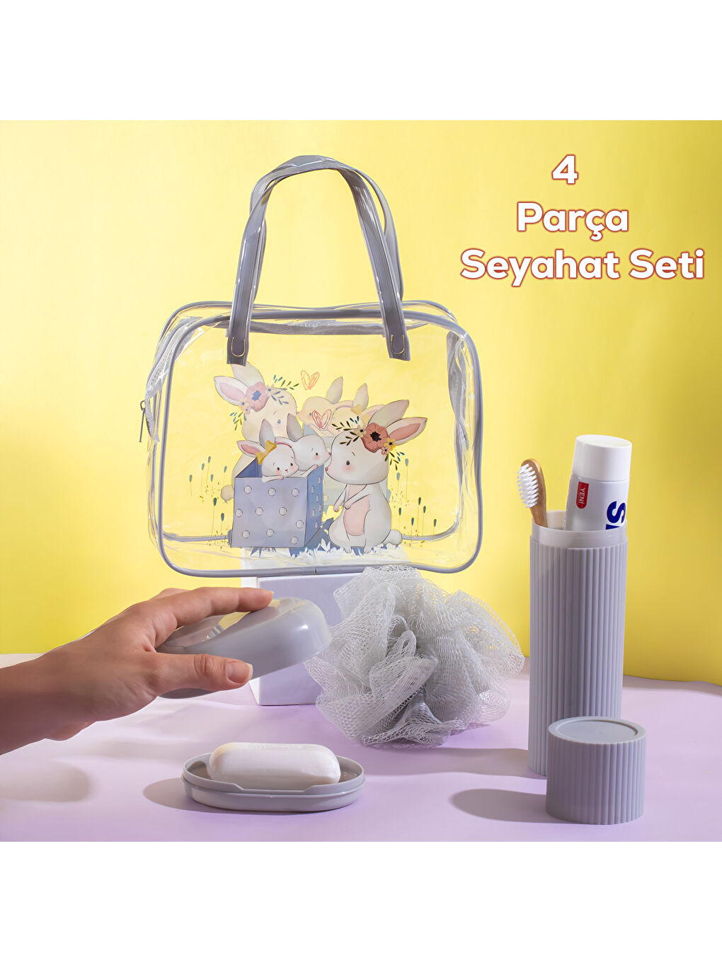 3145 Tavşan Figürlü Seyahat Seti - Diş Fırçası Kutusu Banyo Lifi Sabun Kutusu Gri