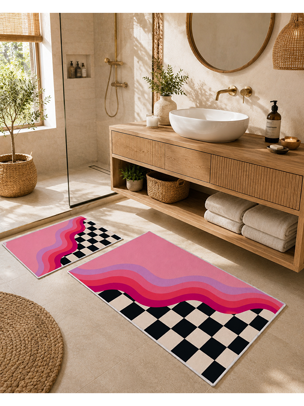 Siyah Beyaz Dama ve Pembe Dalga Desenli Banyo Paspası Dot Taban Üstü Kadife