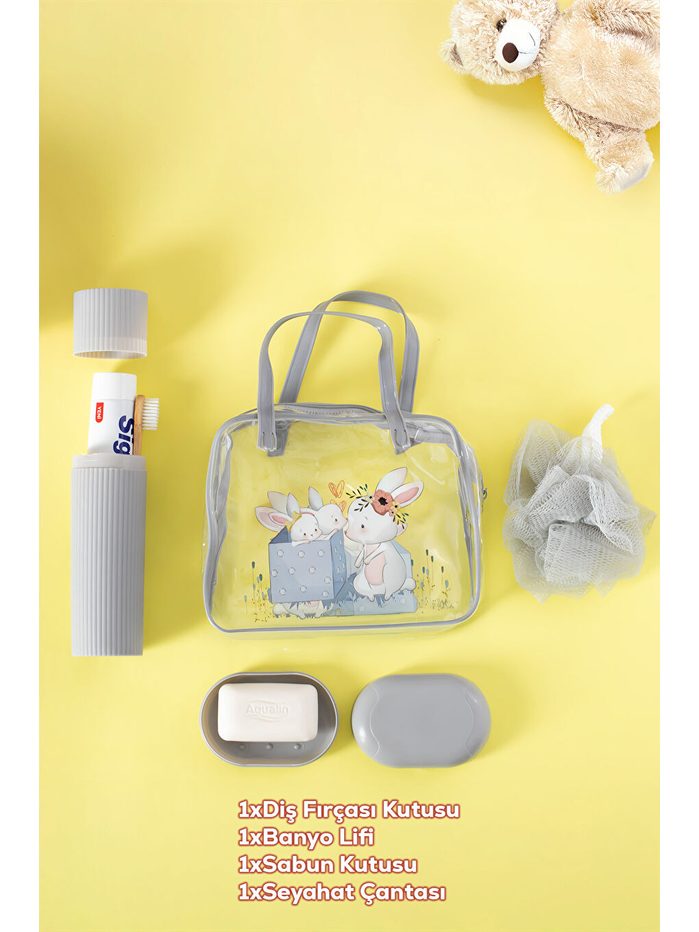3145 Tavşan Figürlü Seyahat Seti - Diş Fırçası Kutusu Banyo Lifi Sabun Kutusu Gri-1