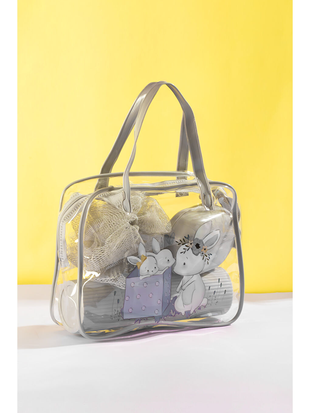 3145 Tavşan Figürlü Seyahat Seti - Diş Fırçası Kutusu Banyo Lifi Sabun Kutusu Gri-2