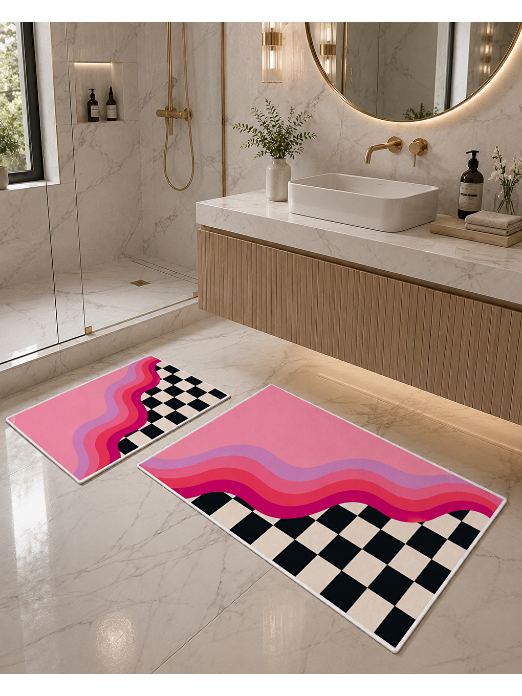 Siyah Beyaz Dama ve Pembe Dalga Desenli Banyo Paspası Dot Taban Üstü Kadife-1
