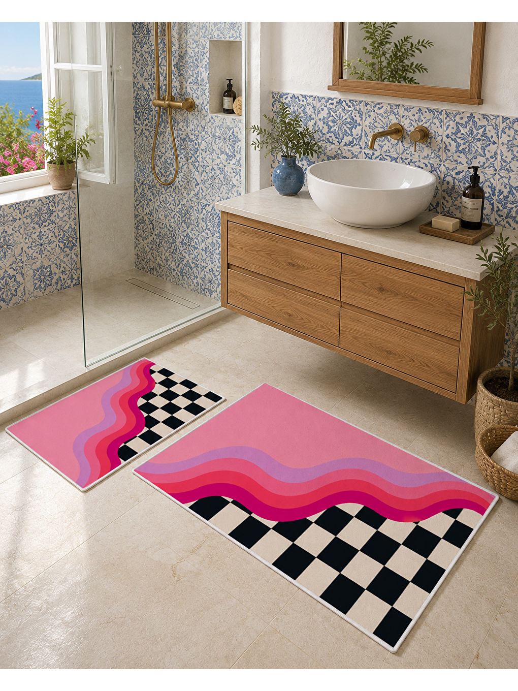 Siyah Beyaz Dama ve Pembe Dalga Desenli Banyo Paspası Dot Taban Üstü Kadife-2