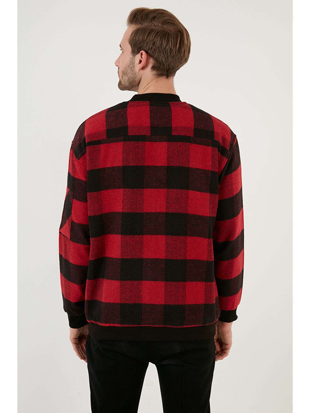 Kırmızı Kareli Dik Yaka Fermuarlı Cepli Erkek Mont 606343745-4