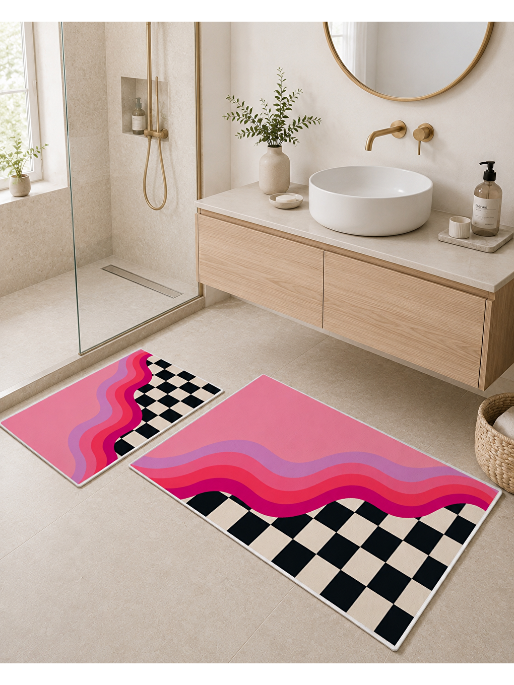 Siyah Beyaz Dama ve Pembe Dalga Desenli Banyo Paspası Dot Taban Üstü Kadife-3