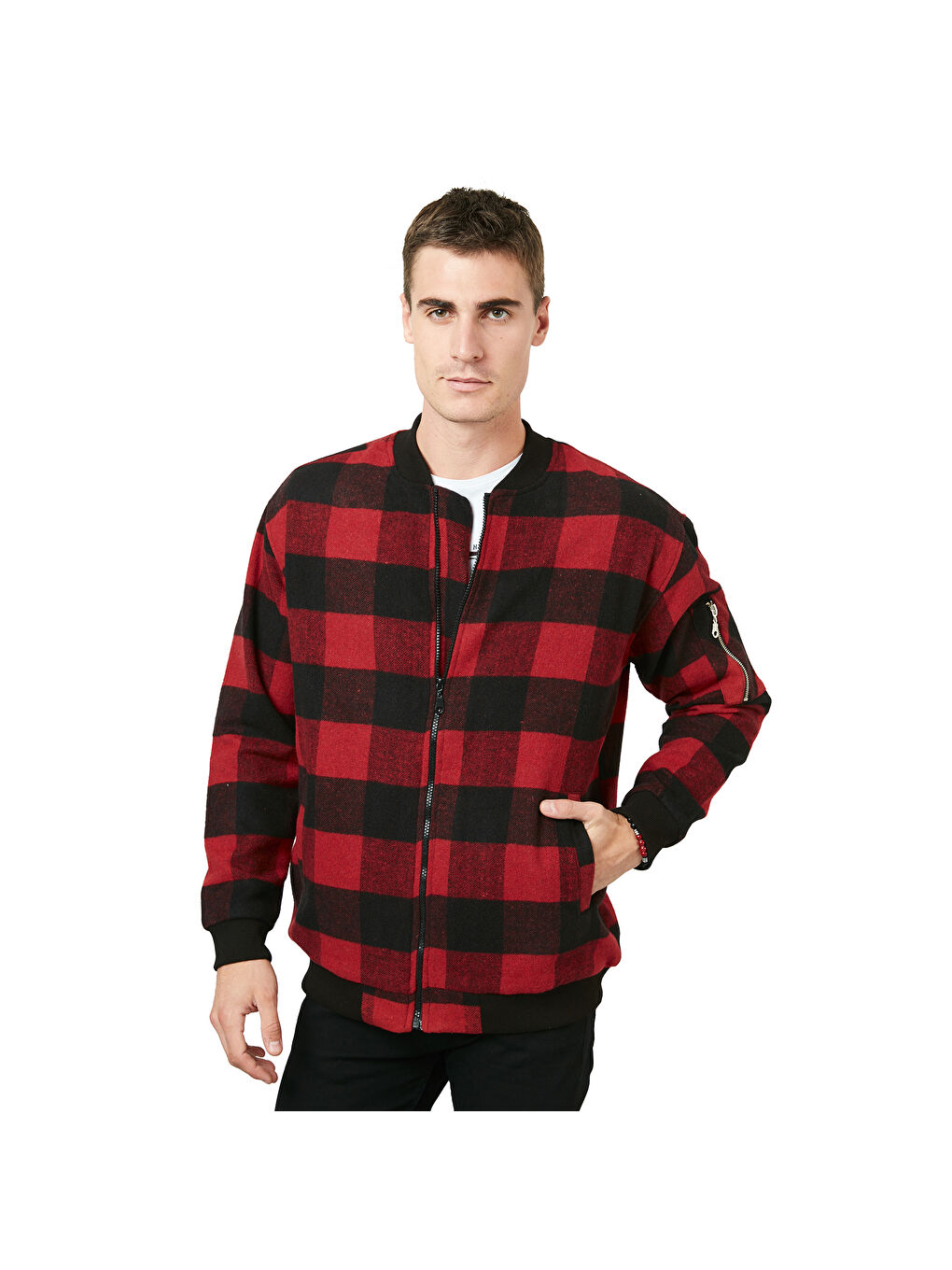 Kırmızı Kareli Dik Yaka Fermuarlı Cepli Erkek Mont 606343745-7