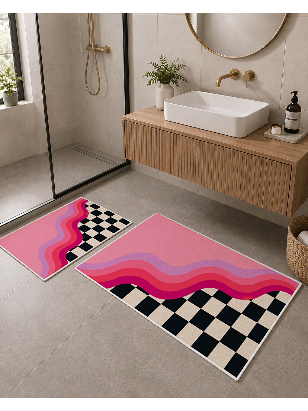 Siyah Beyaz Dama ve Pembe Dalga Desenli Banyo Paspası Dot Taban Üstü Kadife-4
