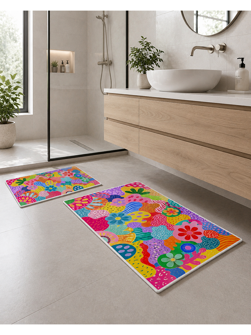 Karışık Renkli Çiçek Desenli Banyo Paspası Dot Taban Üstü Kadife-2