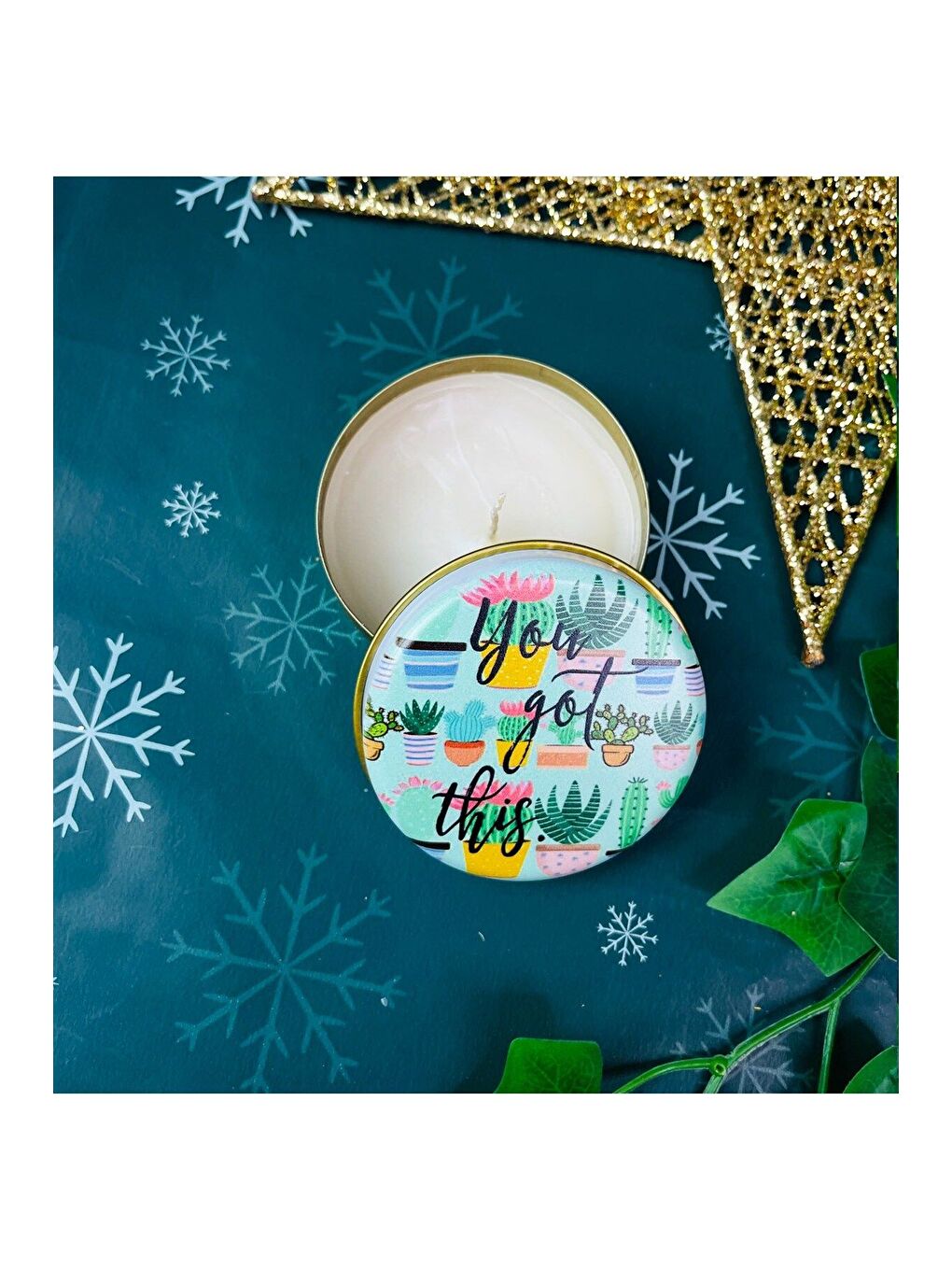 Karışık Kaktüs Motto Tasarımlı Kokulu Teneke Mum-1