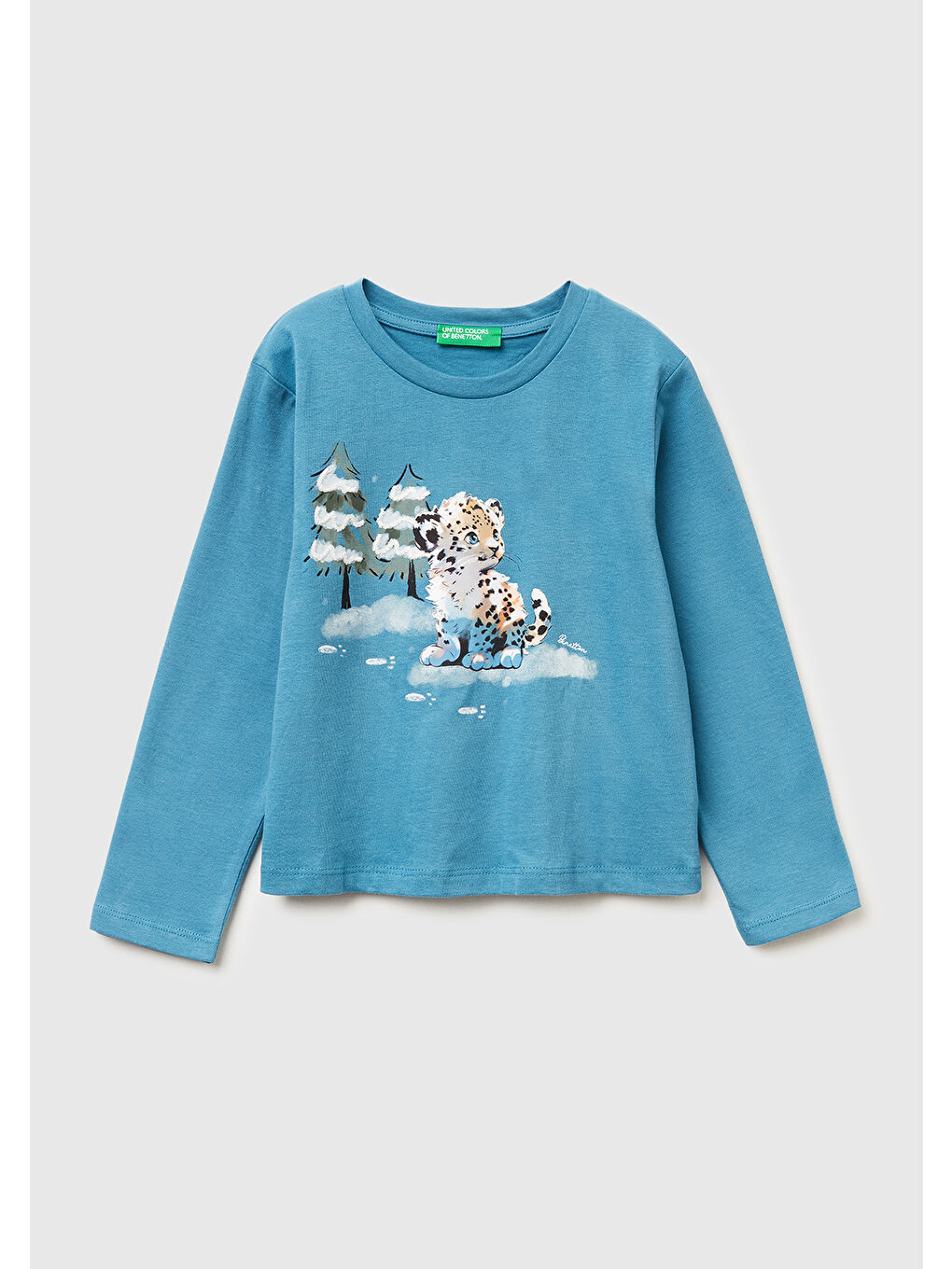 Kız Çocuk Petrol Mavisi Önü Baskılı Hafif Kloş Bisiklet Yaka Uzun Kollu T-shirt