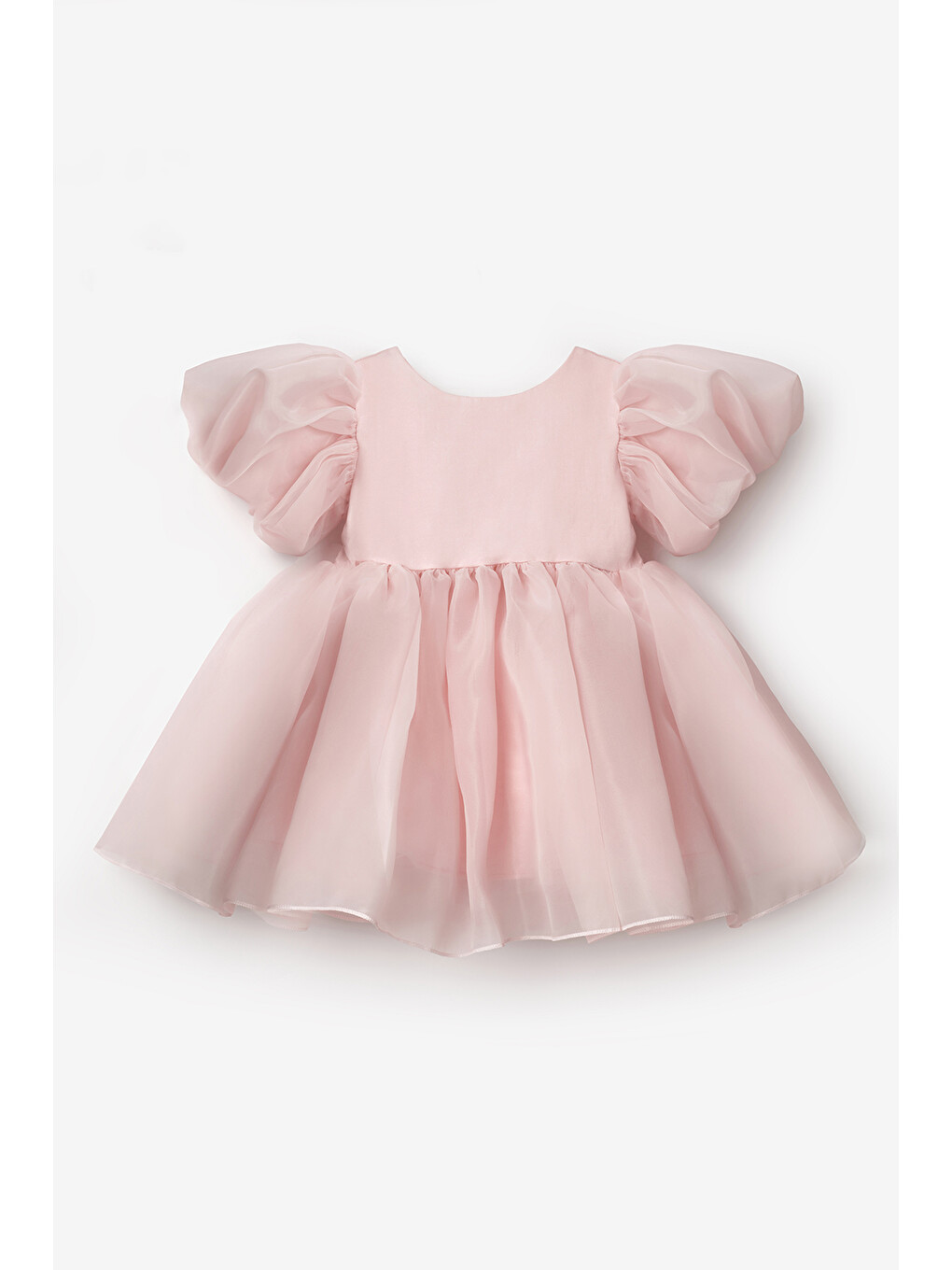 Pembe Pudra Balon Kollu Kız Bebek Saten Elbise - Dona