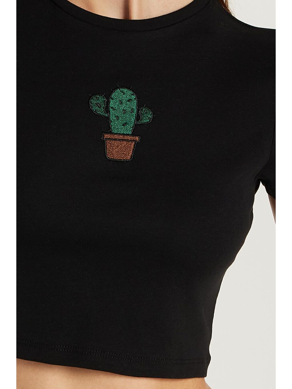 Kadın Slim Fit Dar Kesim %100 Pamuk Bisiklet Yaka Baskılı Siyah Crop Tişört-2