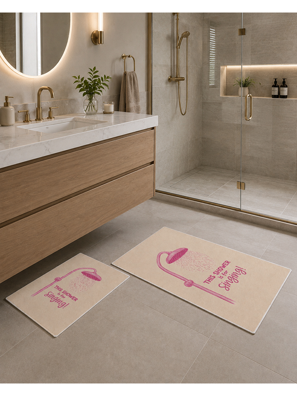 Pembe Duş Temalı Desenli Banyo Paspası Dot Taban Üstü Kadife