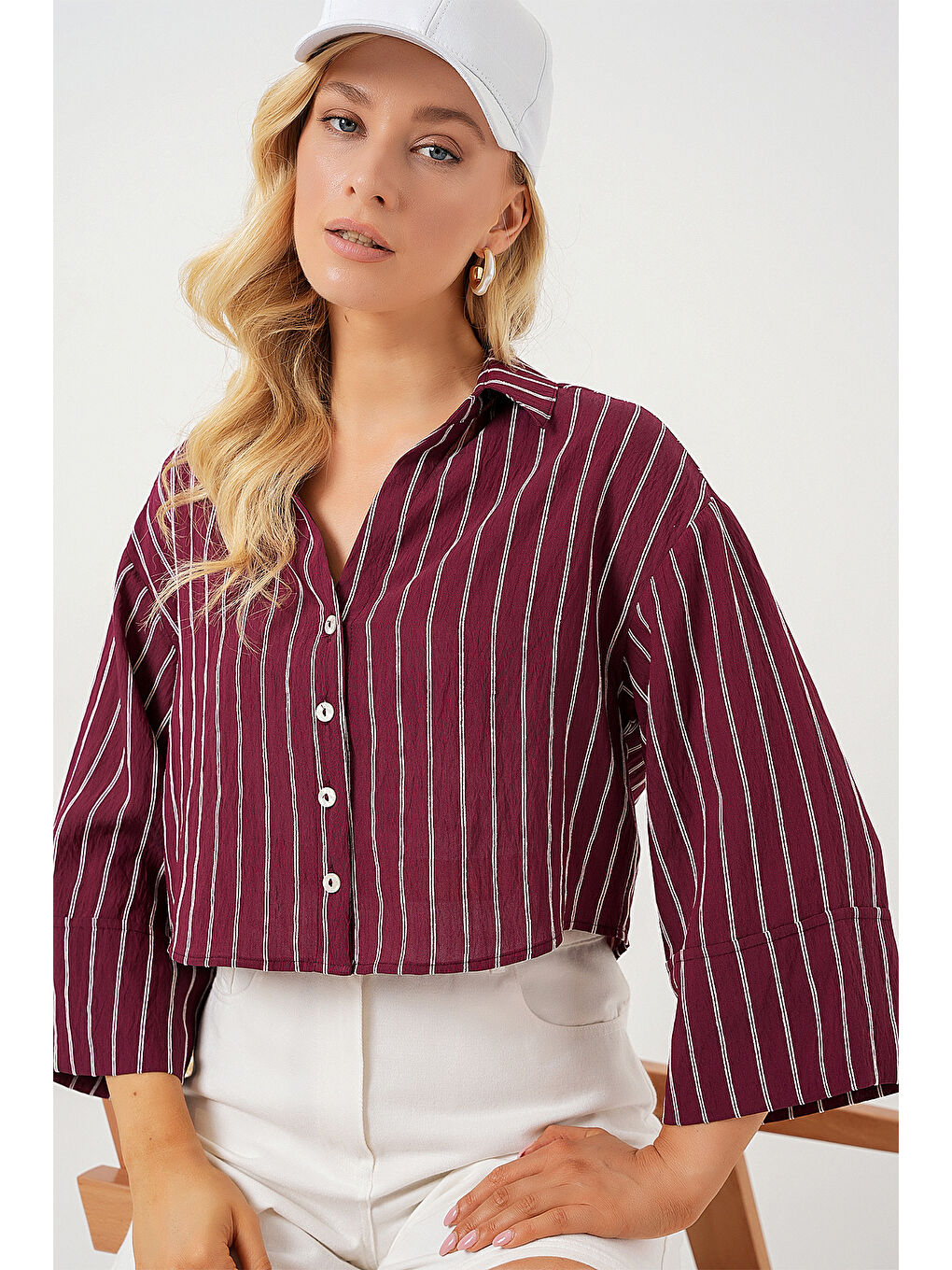 Kadın Çizgili Oversize Kısa Gömlek 20326 - Bordo