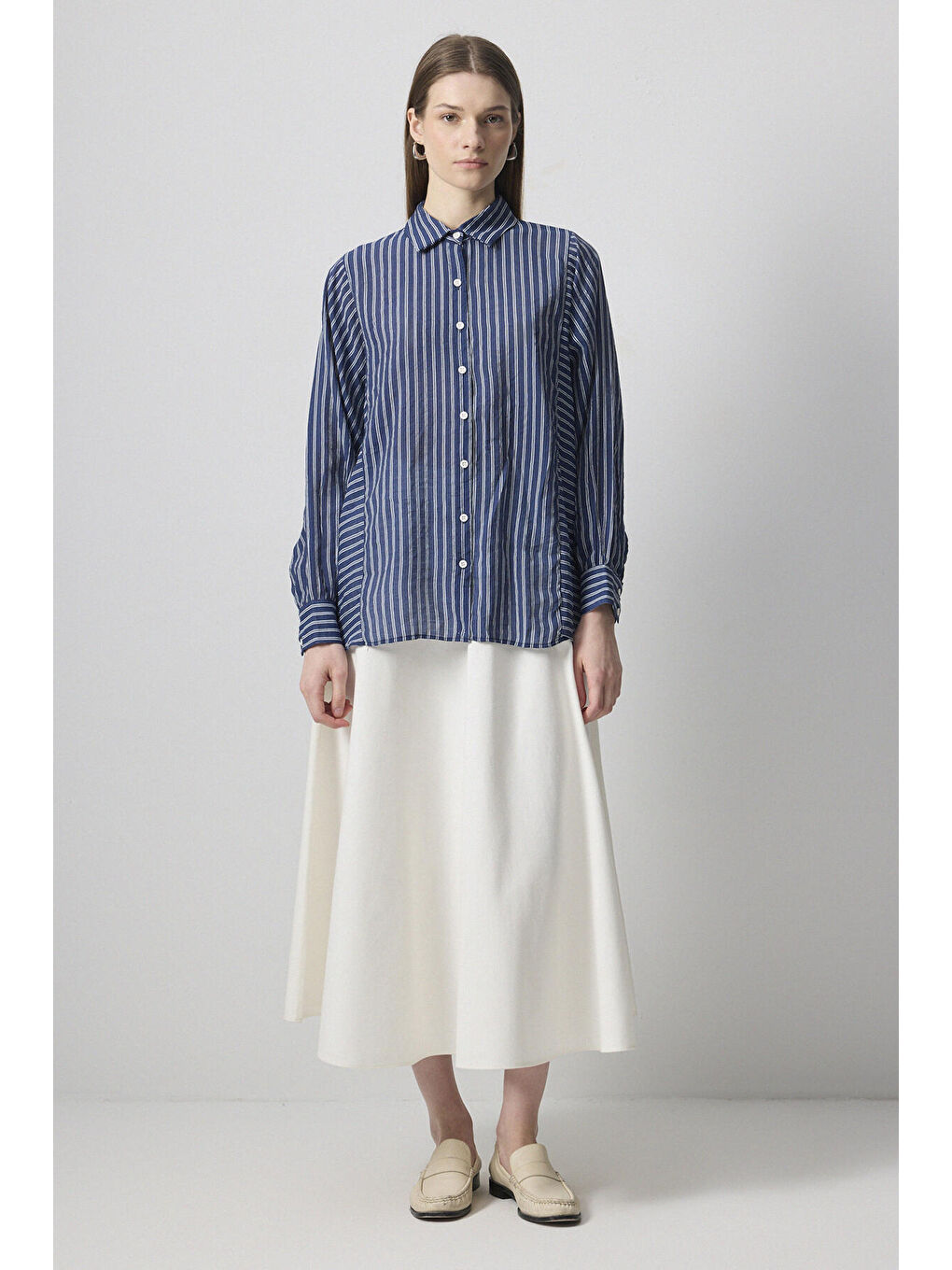 Lacivert Çizgili Viskon Gömlek