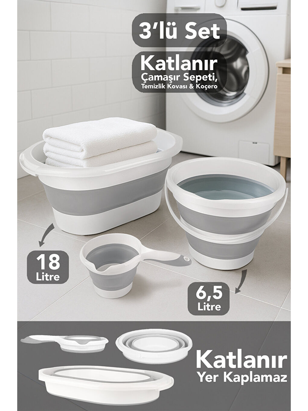 Gri 3'lü Katlanır Çamaşır Sepeti 18 l
