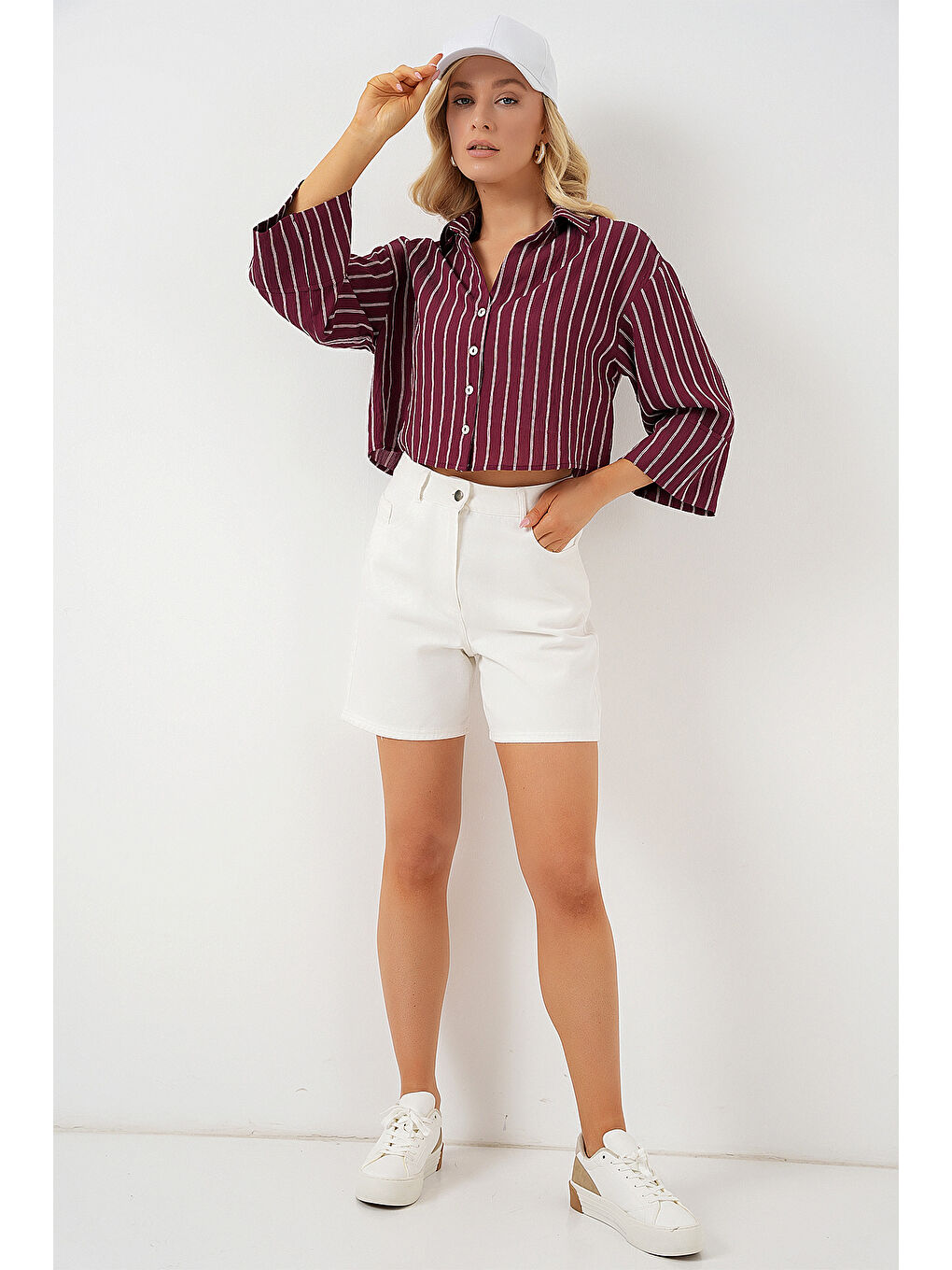 Kadın Çizgili Oversize Kısa Gömlek 20326 - Bordo-1
