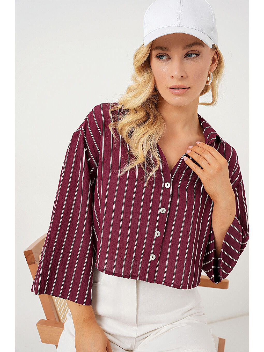 Kadın Çizgili Oversize Kısa Gömlek 20326 - Bordo-2