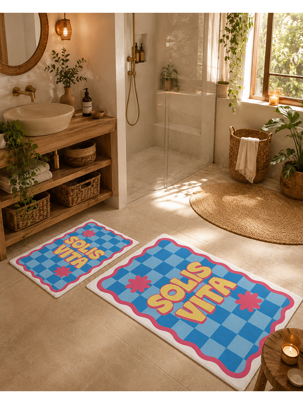 Mavi Pembe Retro Soul Yazılı Banyo Paspası Dot Taban Üstü Kadife-1
