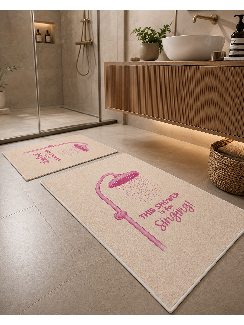 Pembe Duş Temalı Desenli Banyo Paspası Dot Taban Üstü Kadife-1