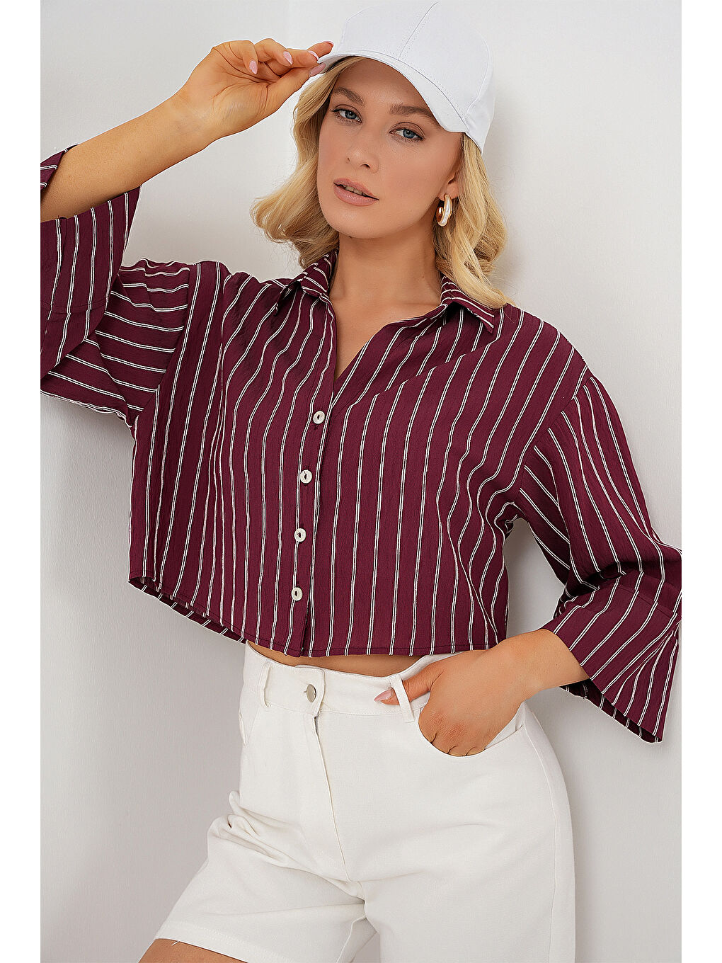 Kadın Çizgili Oversize Kısa Gömlek 20326 - Bordo-3