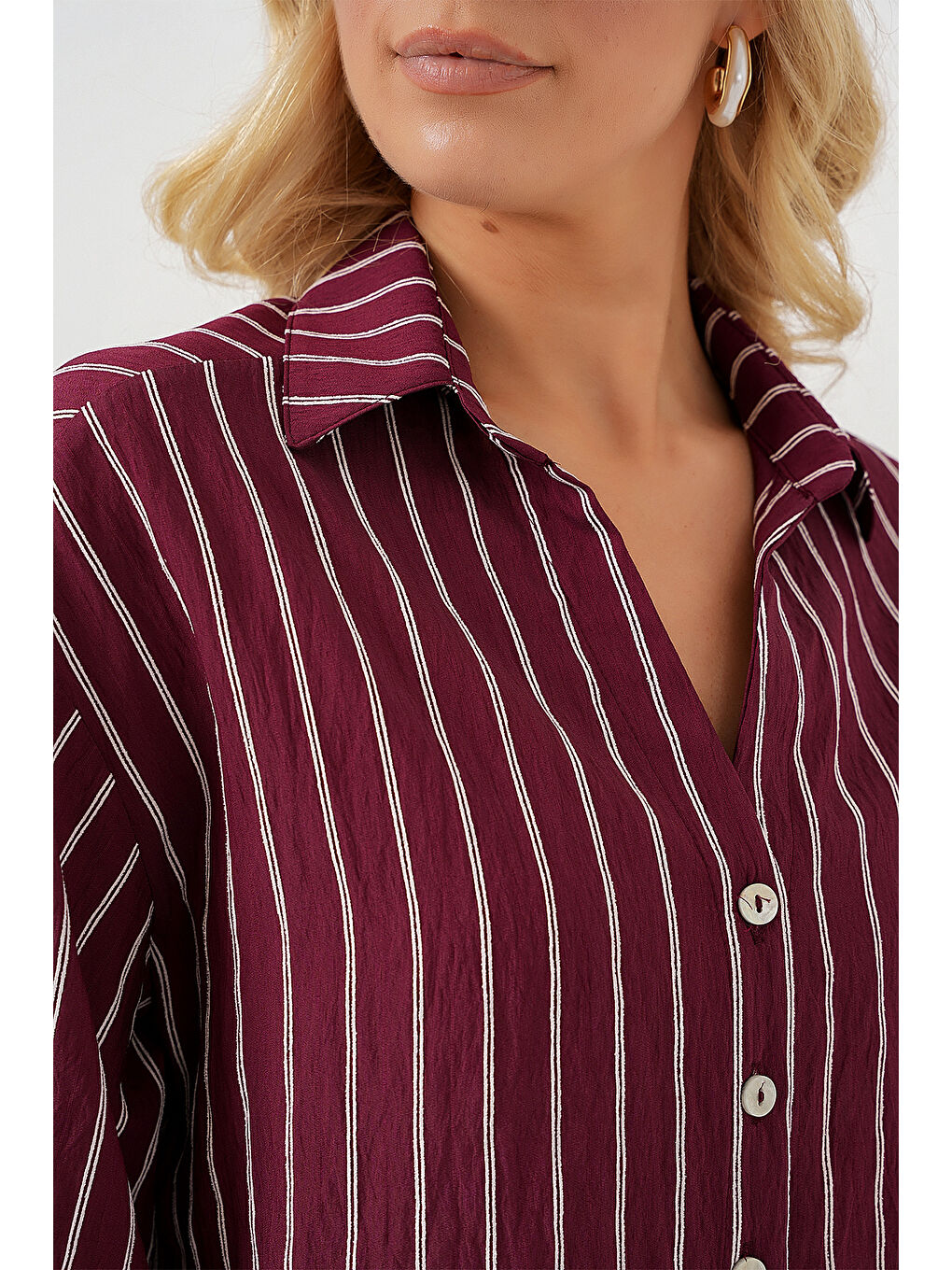 Kadın Çizgili Oversize Kısa Gömlek 20326 - Bordo-4