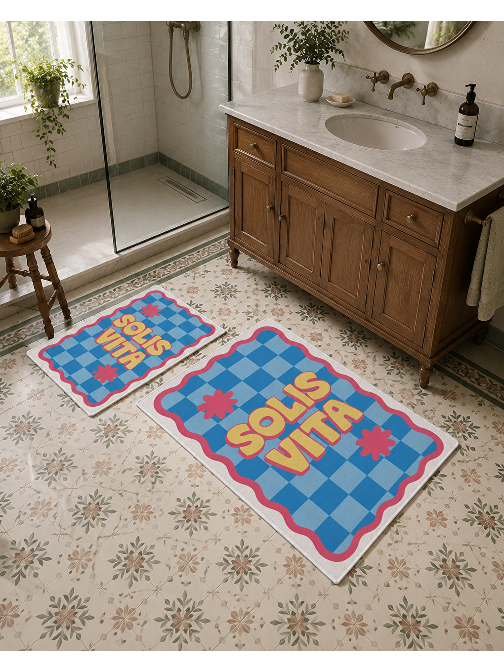 Mavi Pembe Retro Soul Yazılı Banyo Paspası Dot Taban Üstü Kadife-2
