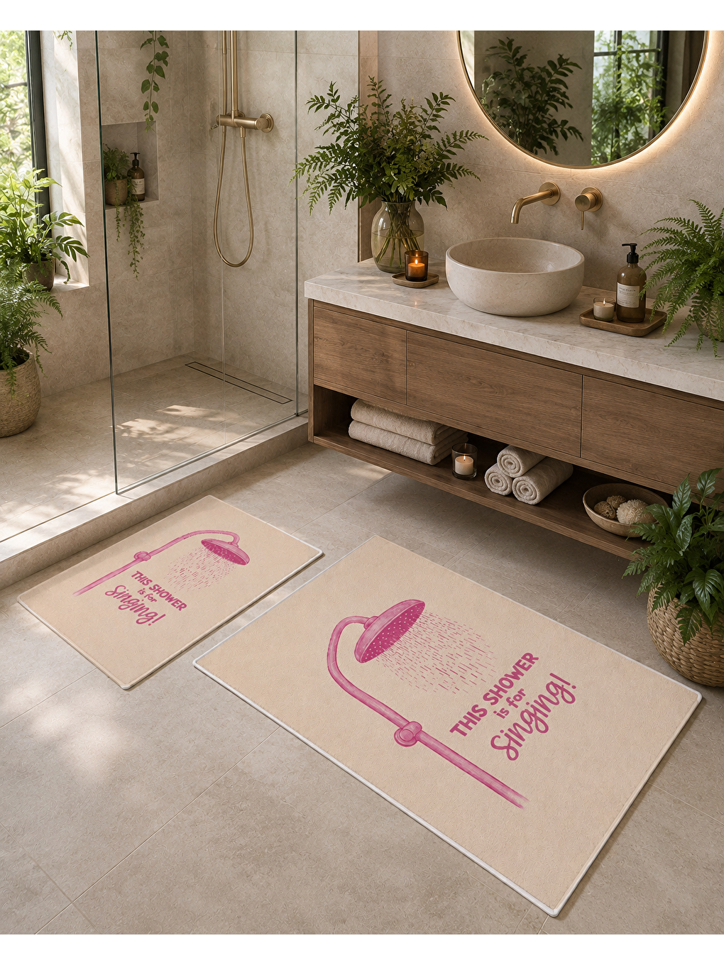 Pembe Duş Temalı Desenli Banyo Paspası Dot Taban Üstü Kadife-2