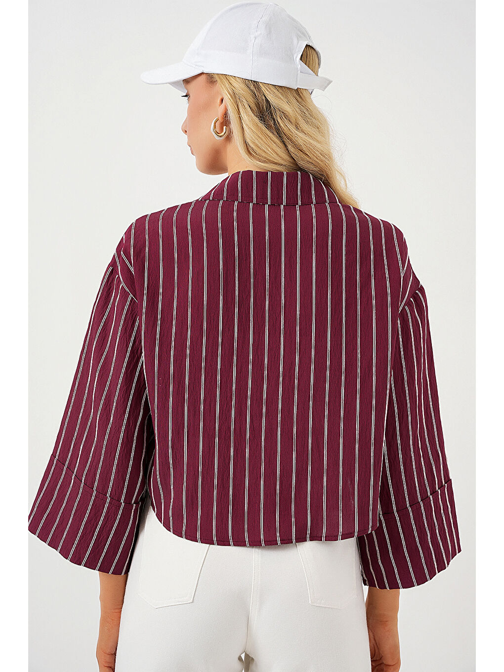 Kadın Çizgili Oversize Kısa Gömlek 20326 - Bordo-5
