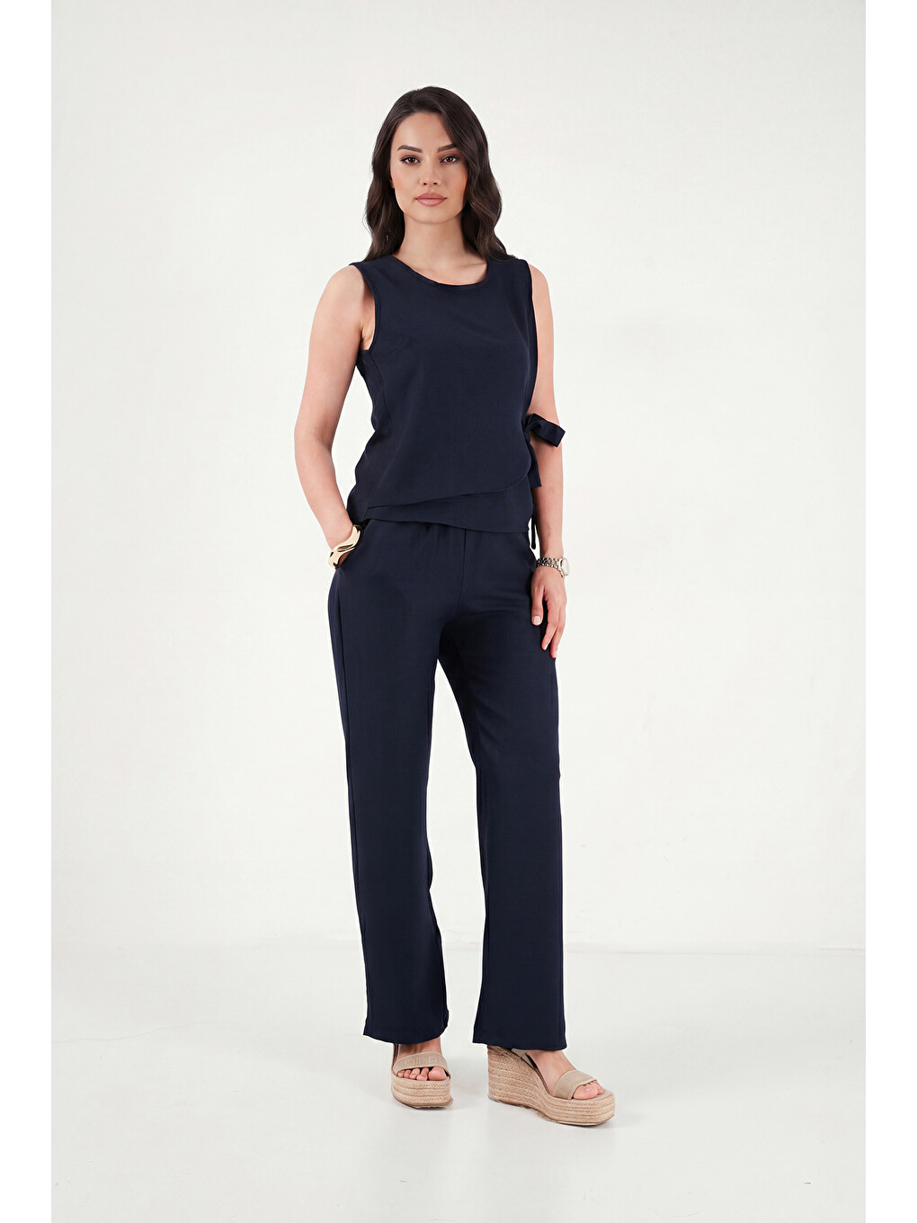 Lacivert Regular Fit Bağlama Detaylı Bisiklet Yaka Kadın Takım 5866466-1