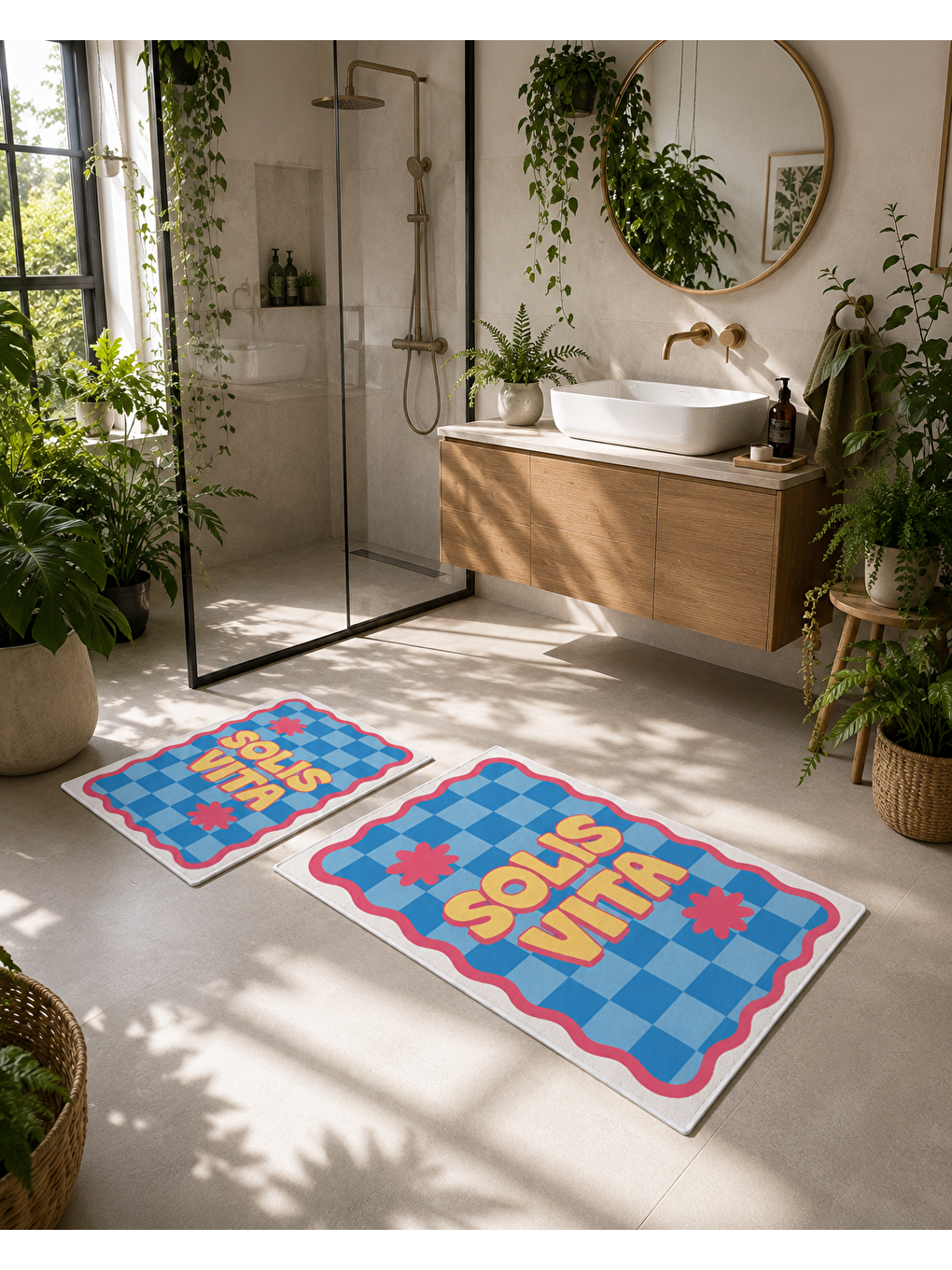 Mavi Pembe Retro Soul Yazılı Banyo Paspası Dot Taban Üstü Kadife-3