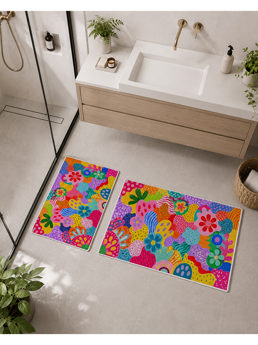 Karışık Renkli Çiçek Desenli Banyo Paspası Dot Taban Üstü Kadife-3