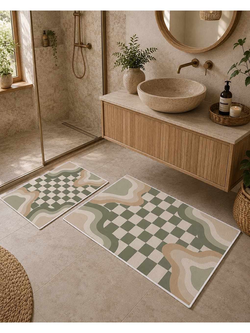 Bej Yeşil Dama ve Dalga Desenli Banyo Paspası Dot Taban Üstü Kadife-2