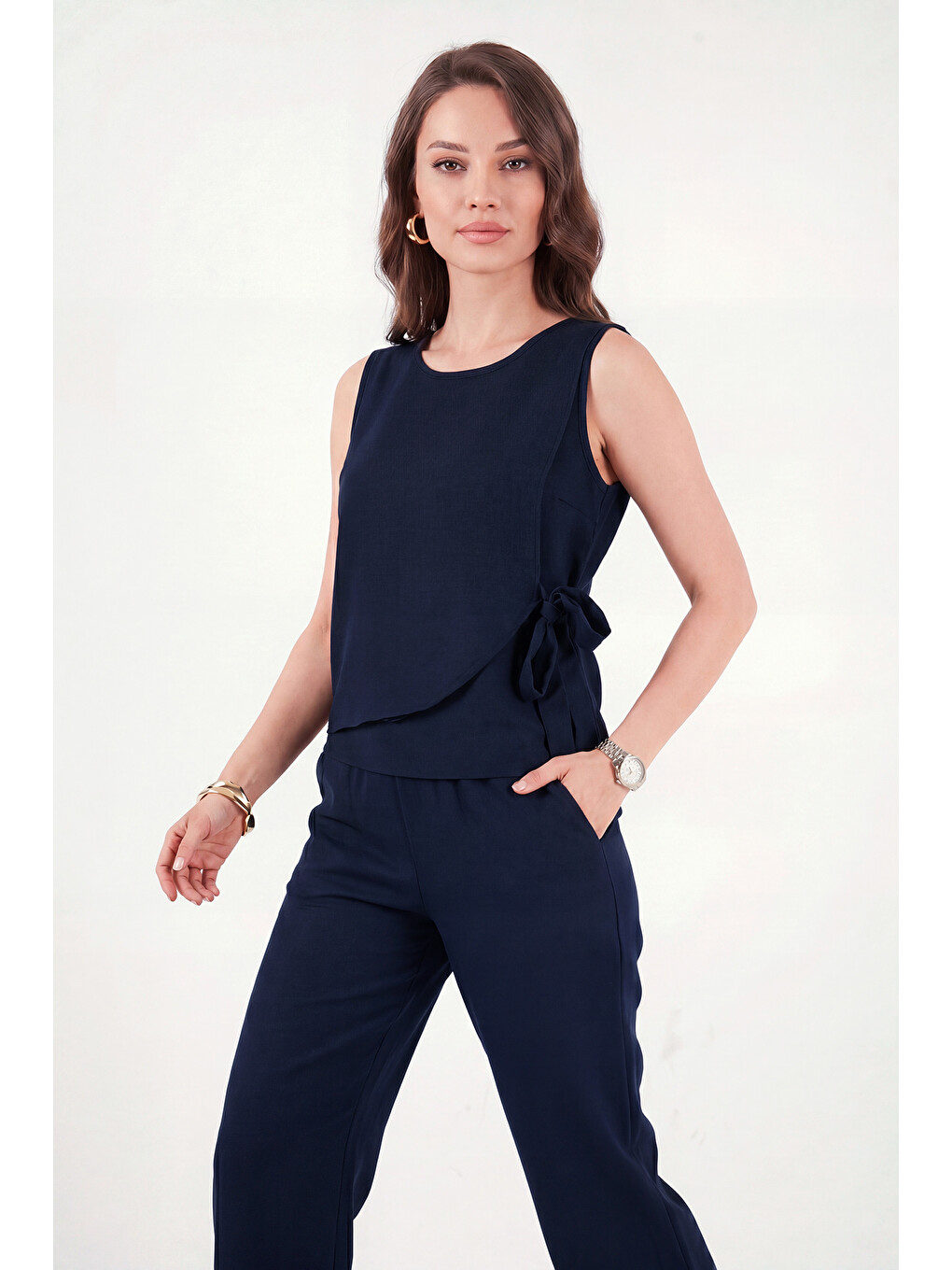 Lacivert Regular Fit Bağlama Detaylı Bisiklet Yaka Kadın Takım 5866466-3