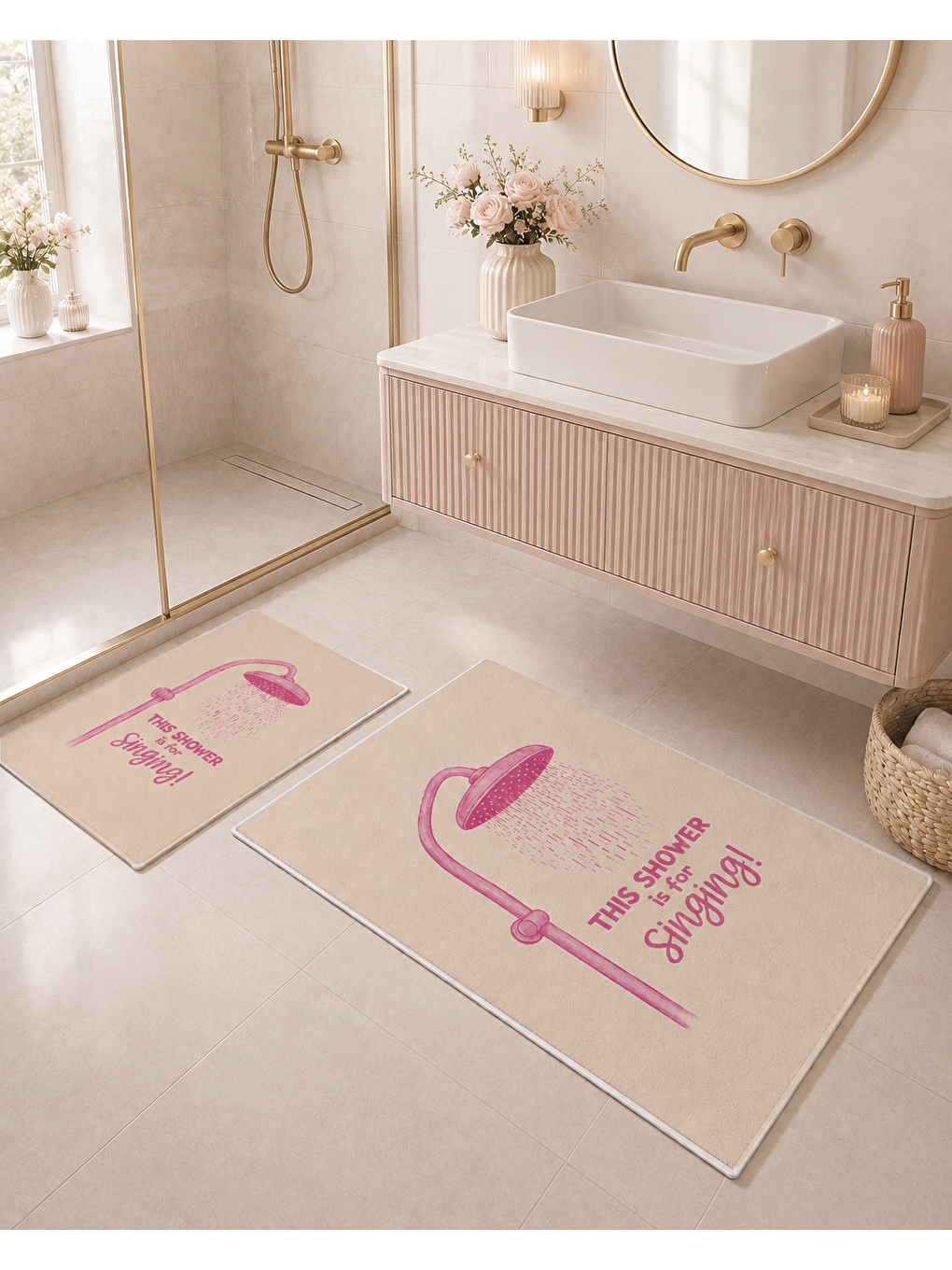 Pembe Duş Temalı Desenli Banyo Paspası Dot Taban Üstü Kadife-3
