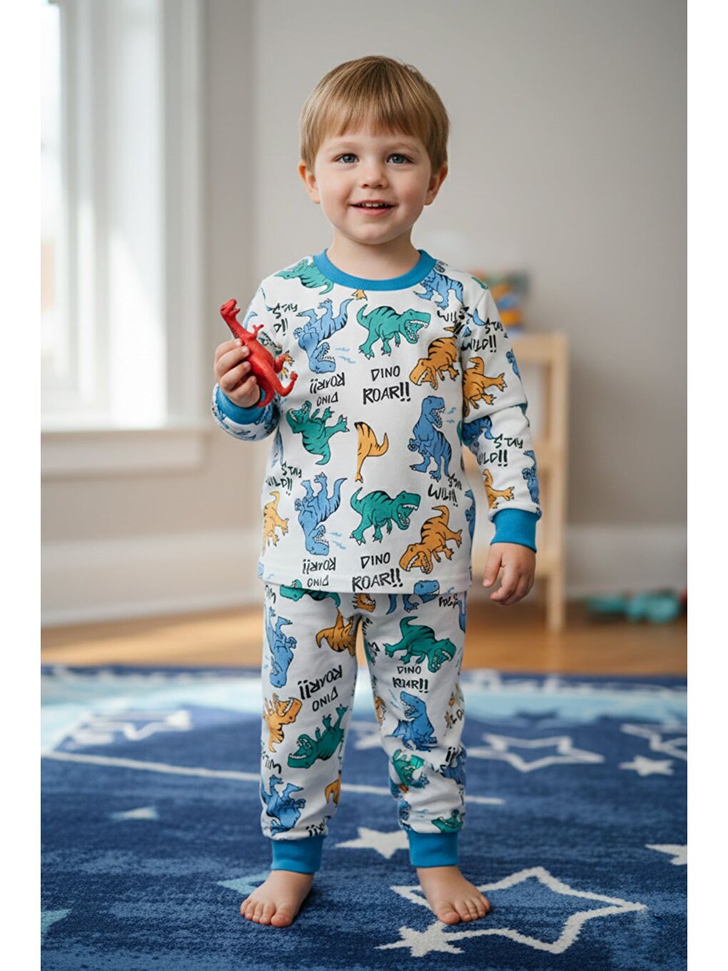 Mavi %100 Pamuk Hayvan Baskılı Çıtçıtlı Erkek Çocuk Pijama Takımı