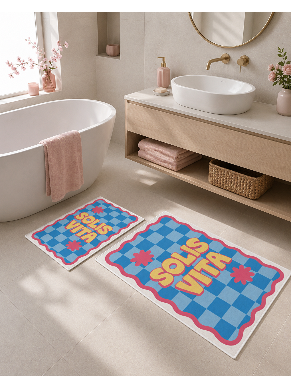 Mavi Pembe Retro Soul Yazılı Banyo Paspası Dot Taban Üstü Kadife-4