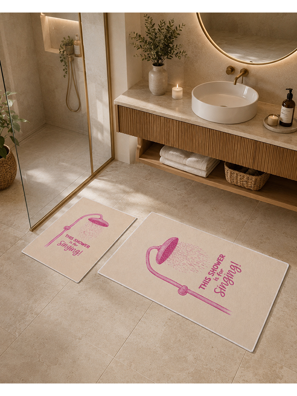 Pembe Duş Temalı Desenli Banyo Paspası Dot Taban Üstü Kadife-4
