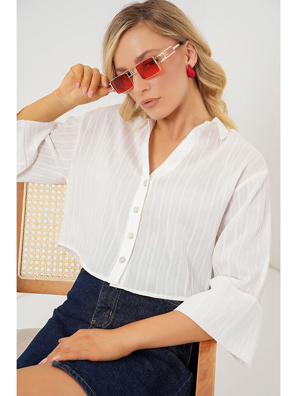 Kadın Çizgili Oversize Kısa Gömlek 20326 - Beyaz