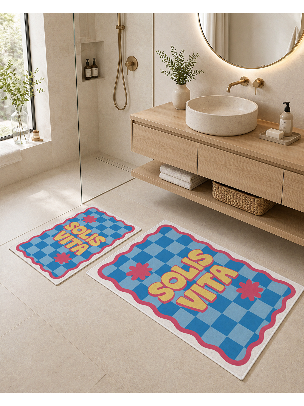 Mavi Pembe Retro Soul Yazılı Banyo Paspası Dot Taban Üstü Kadife-5