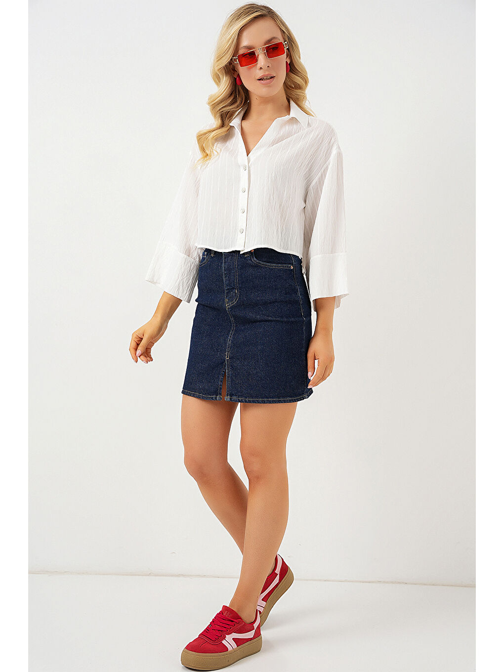 Kadın Çizgili Oversize Kısa Gömlek 20326 - Beyaz-1