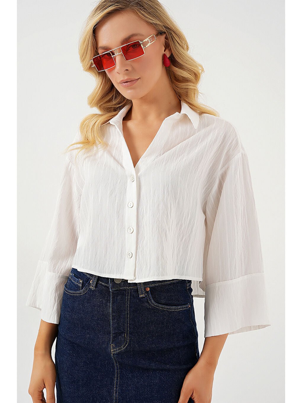 Kadın Çizgili Oversize Kısa Gömlek 20326 - Beyaz-2