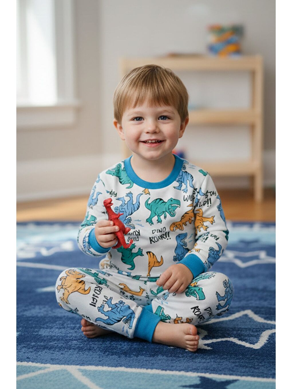 Mavi %100 Pamuk Hayvan Baskılı Çıtçıtlı Erkek Çocuk Pijama Takımı-1