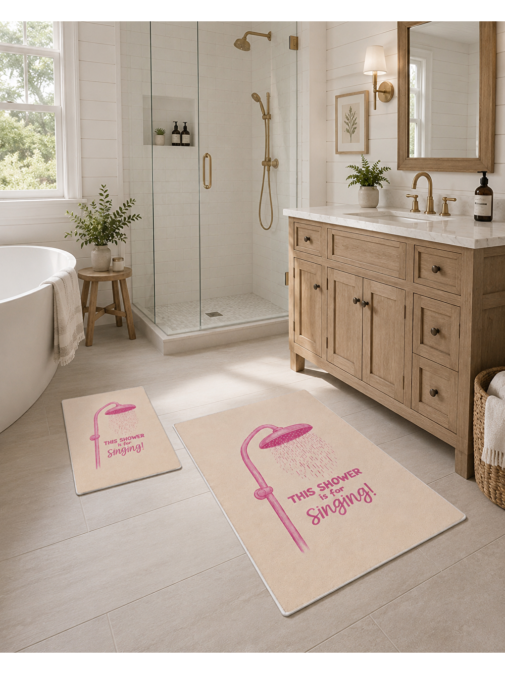 Pembe Duş Temalı Desenli Banyo Paspası Dot Taban Üstü Kadife-5