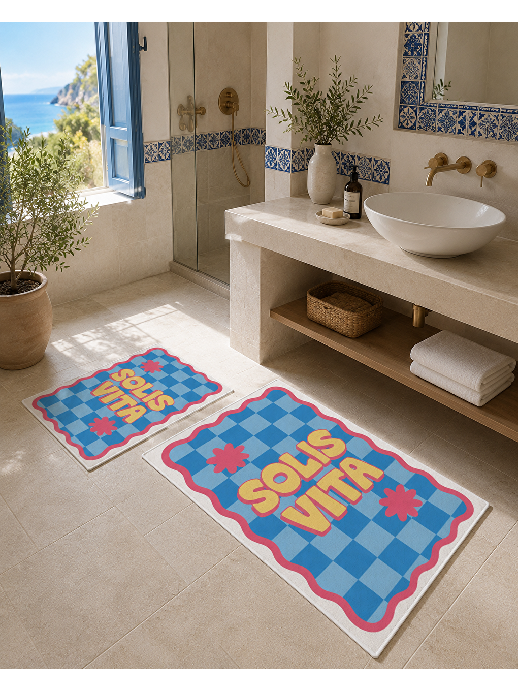 Mavi Pembe Retro Soul Yazılı Banyo Paspası Dot Taban Üstü Kadife-6