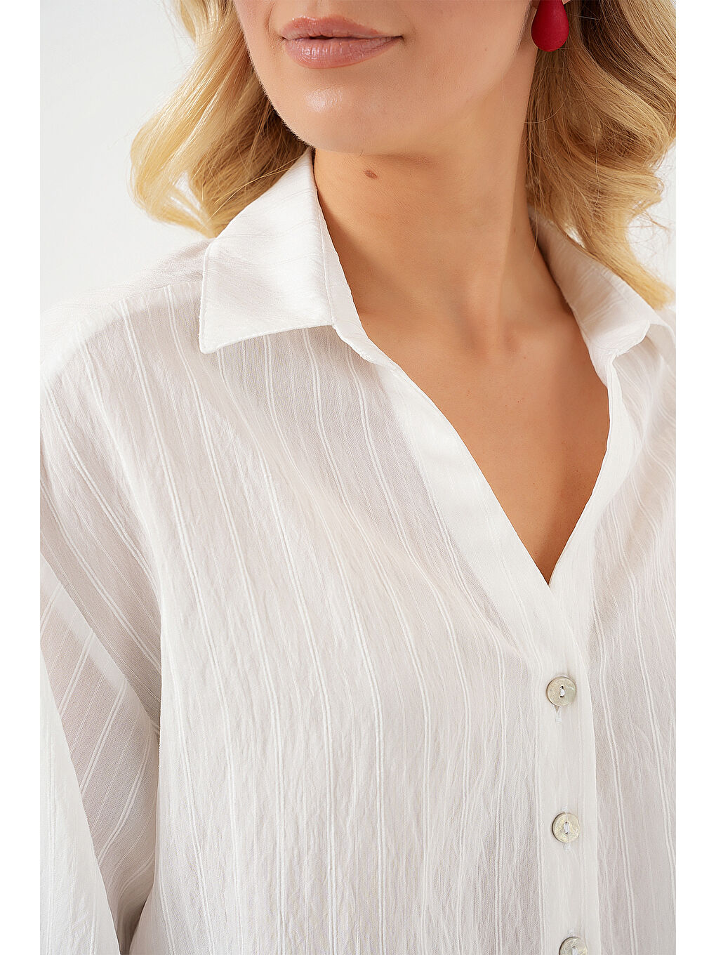 Kadın Çizgili Oversize Kısa Gömlek 20326 - Beyaz-4